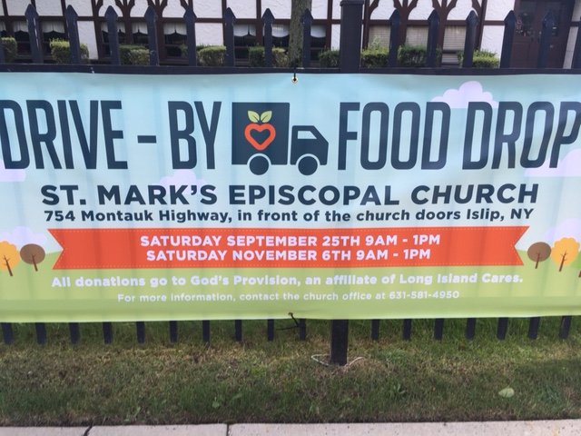 The banner outside St. Mark’s Episcopal Church advertising their upcoming food drive.
